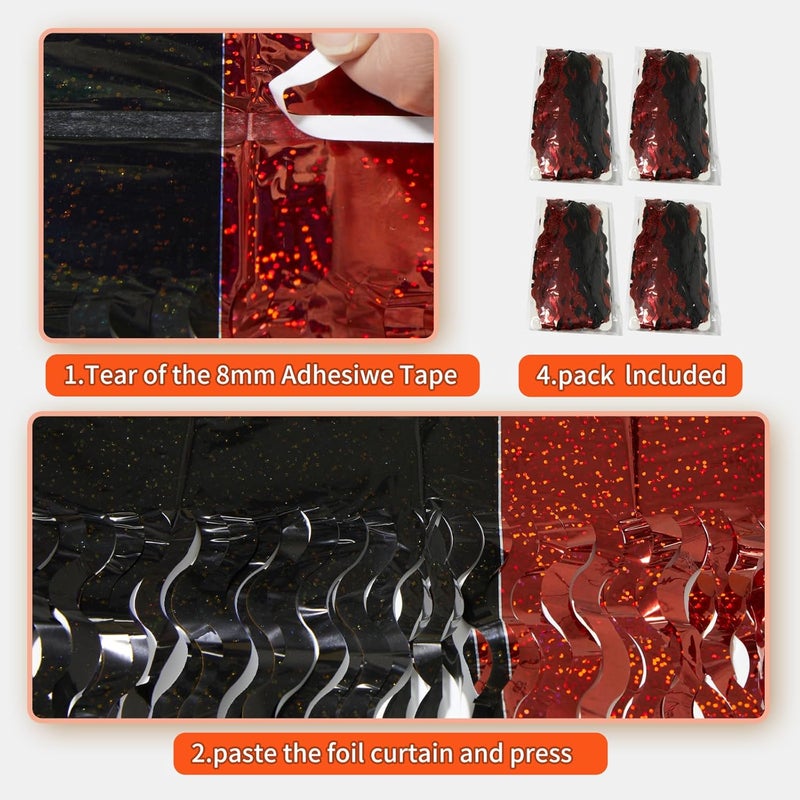 KEEUH 4 Pack Sparkle Red and Black Fringe Curtain - 3.3x6.6 Feet Tinsel Streamer for Birthday Decorations | Halloween Decorations | Casino Theme Party Decorations | Red Carpet - Image 3